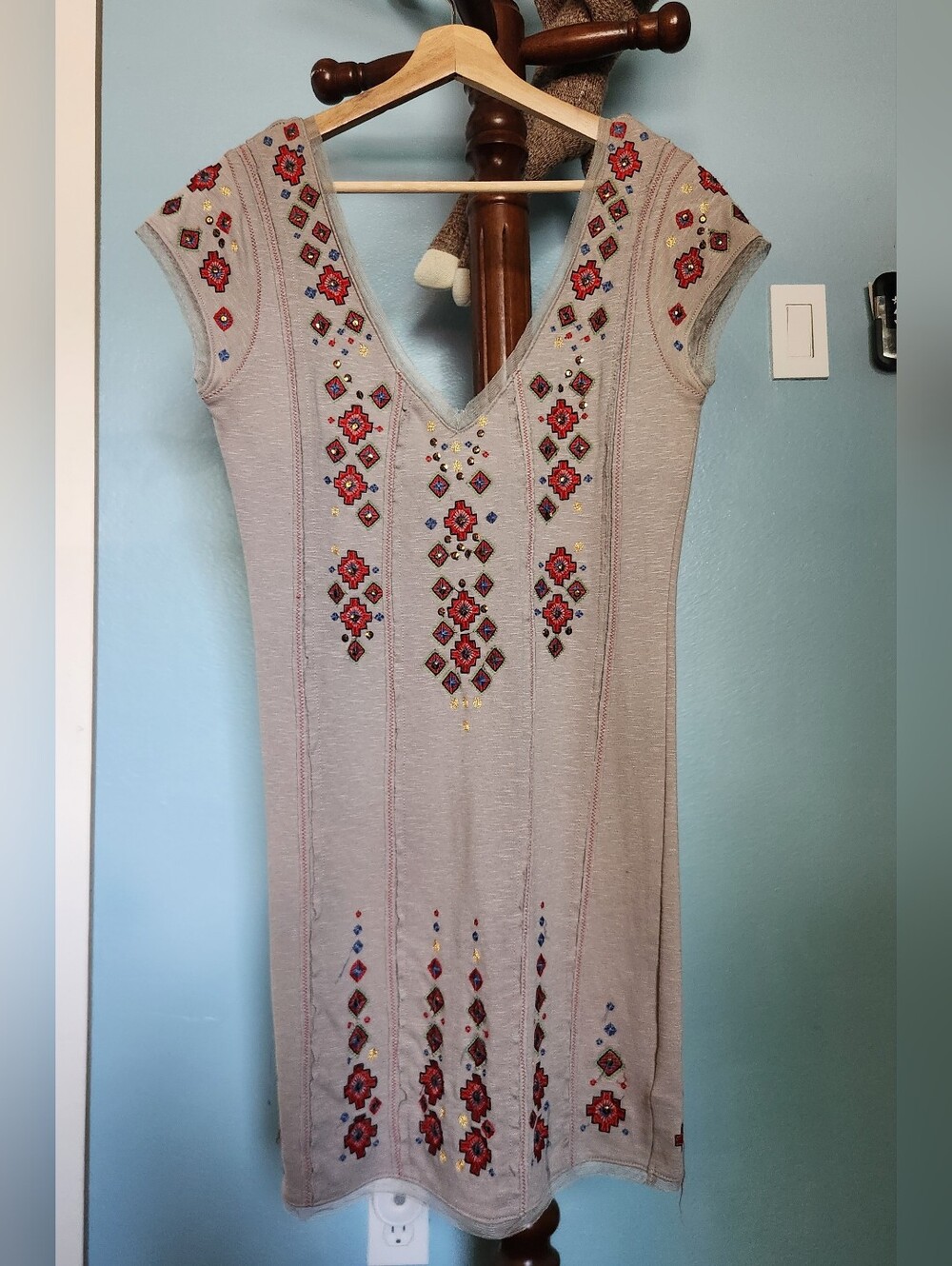 Free People Grey Midi Dress with Red Embroidered Accents